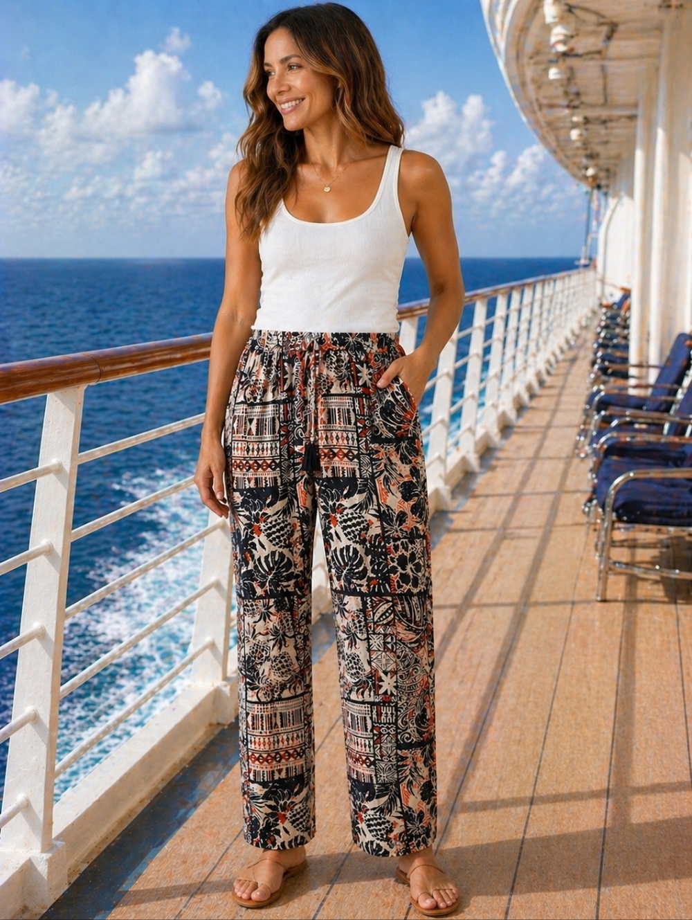 NWT - "White Wave" Silk Tropical Printed Wide-Leg Pull-On Pants - B